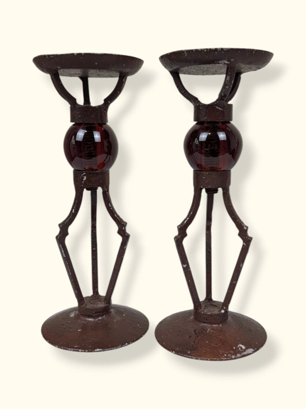 Pair of Metal Brutalist Candleholders w Glass Globe Center